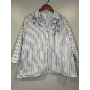 Alfred Dunner Women’s White Gray Striped Button Up Purple Flowers Sz XL‎